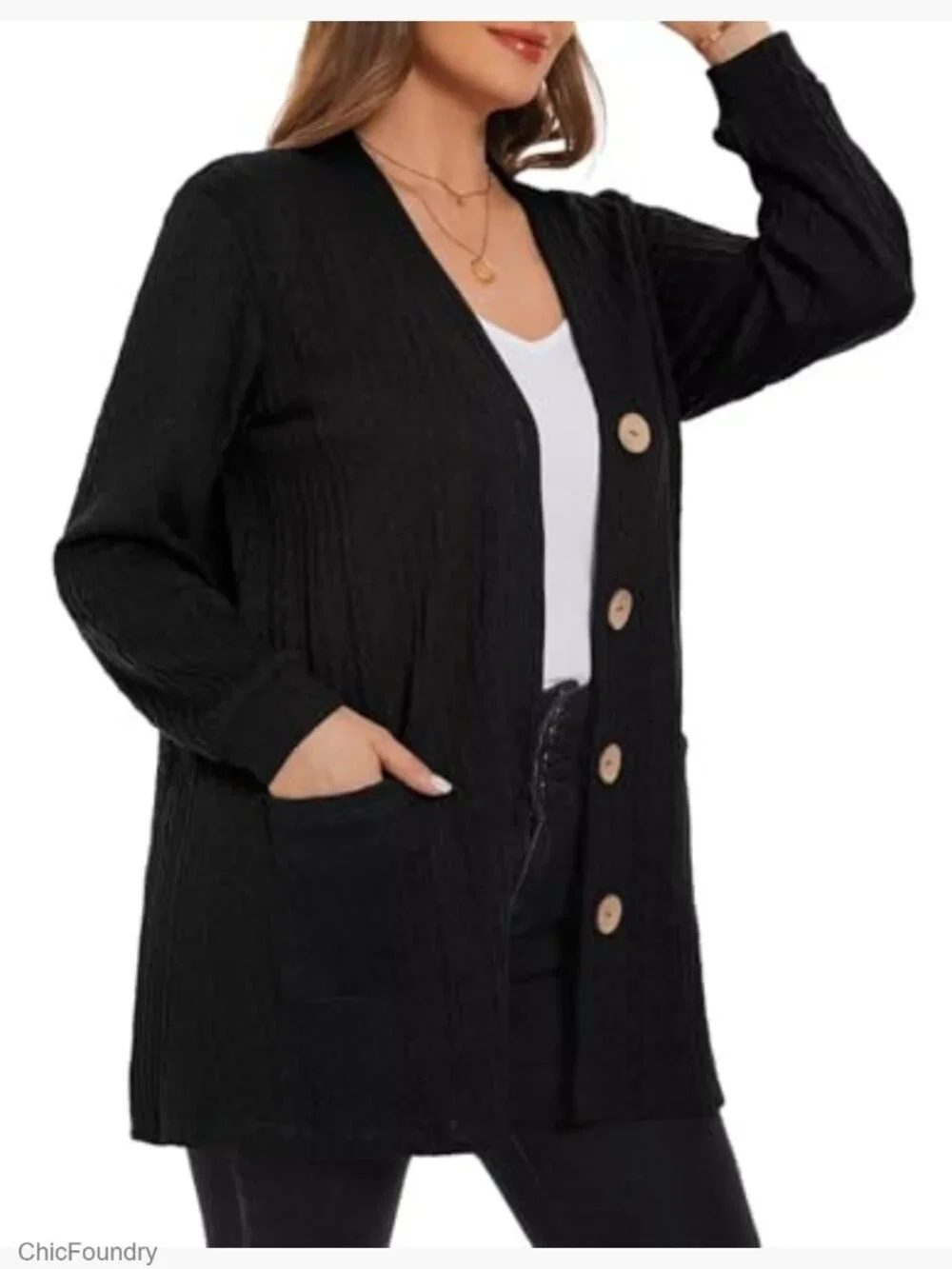 Plus Size Cable Knit Cardigan with Pockets Open Front Long Sleeve Sweater - Picture 3 of 7